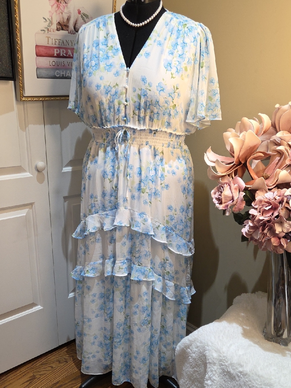 Nwot 2X Tamara H White Maxi Dress with BLUE  and Green Floral Print Box 1